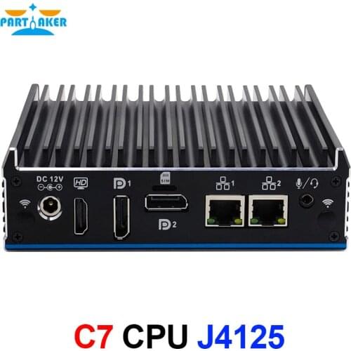 Partaker Fanless Mini PC Small Desktop Computer NUC Intel Celeron J4125 Quad Core 1xHD-MI 2xDP 2xLan 6xUSB 1xCOM Windows 10 Pro
