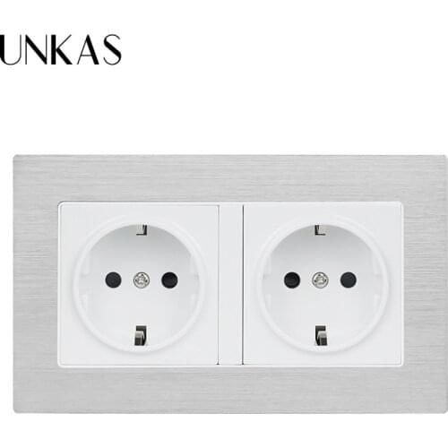 UNKAS Black Aluminum Metal Panel Wall Socket EU Standard Power Outlet 16A EU Standard Electrical Double Outlet 146mm * 86mm