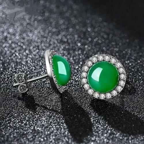 Natural Green Jade Chalcedony Round Earrings 925 Silver Carved Agate Charm Jadeite Jewelry Fashion Amulet for Women Gifts