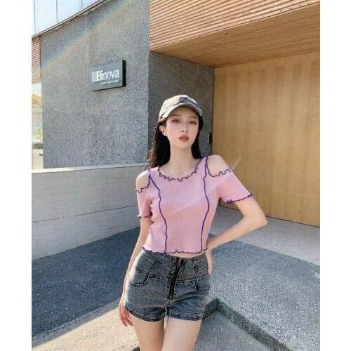 New slim-fitting wooden ear short section detachable sleeve knitted T-shirt