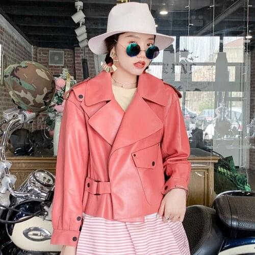 New Autumn Winter Loose Real Jacket Women Fashion Motorcycle Buckle Lambskin Genuine Leather Coat Female Streetwear