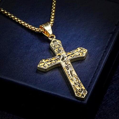 Christ Jesus Cross Necklace For Men Gold 316L Stainless Steel Chain Catholic Crucifix Pendant Necklaces Male Punk Ornaments Gift