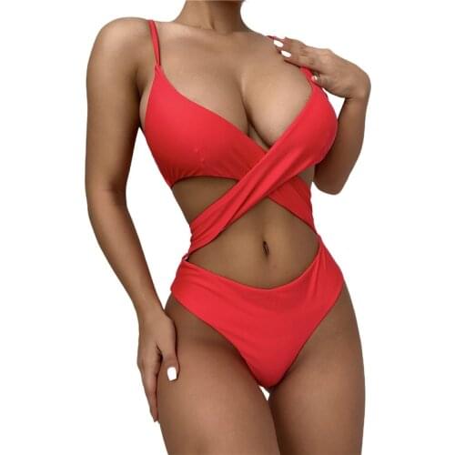 Sexy Summer Women Solid Color Hollow Swimsuit Spaghetti Strap V-neck Padded One-piece Swimwear Push Up Bathing Suit For Girls