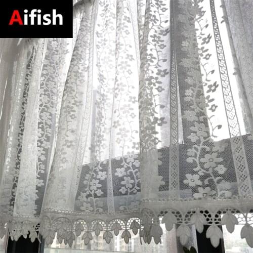 Rideau American Country White Vertical Embroidered Lace Tulle For Kitchen Cabinet Decoration Partition Door Curtains Cortinas 5