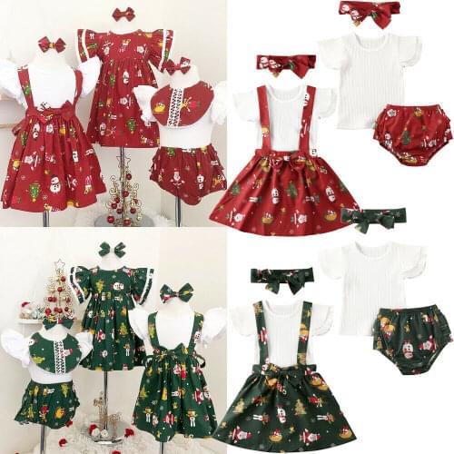Christmas Toddler Kids Baby Girl Clothes Sets Sister Matching XMAS T-Shirt Bib Dress Shorts Headband Outfits