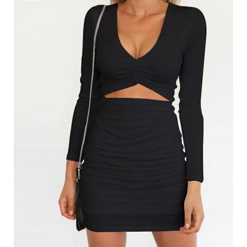 Sexy Dress Long Sleeve V-Neck Bodycon Ruched Hollow Out Black Dresses For Women Autumn Vestido De Mujer Vestidos Mulher Sukienka