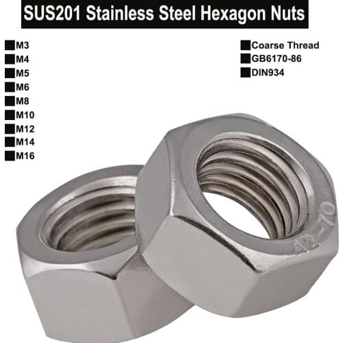 SUS201 Stainless Steel Hexagon Nuts Metric Coarse Thread M3 M4 M5 M6 M8 M10 M12 M14 M16