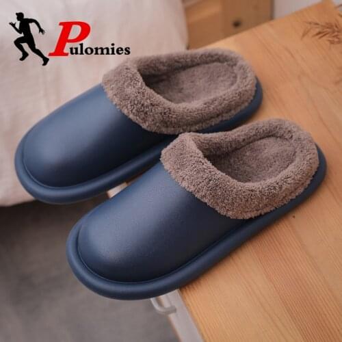 PULOMIES Winter Men Women Slippers Waterproof Indoor Warm Plush Fur Furry Slippers Casual Loafers Platform Couple Slippers Shoes