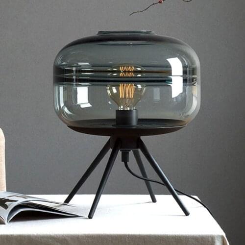 Modern American glass table lamp creative bedroom bedside lamp brown blue gray glass shade lamp iron bracket reading desk lamp