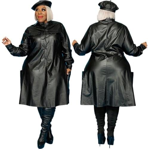 Streetwear Dress Shirt Turn Down Collar Pockets Loose Casual Long Sleeve Leather Pu Black Dress Bulk Items Wholesale Lots