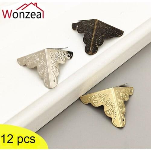 Wonzeal 12pcs/Set Classical Jewelry Box Wooden Case Corner Protector Bronze Tone Flower Trilateral Pattern Carved Metal Crafts