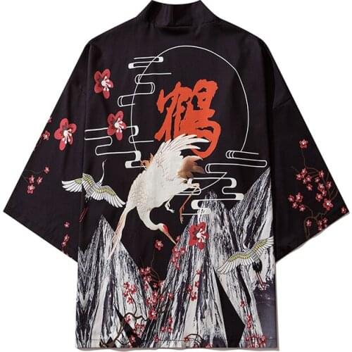 Japanese Kimonos Suit Casual Coat Beach Yukata Women Men Shirt Crane Print Traditional Kimono Cardigan Cosplay Asian Clothes