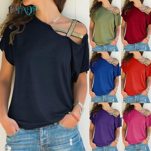 Summer Short Sleeve Irregular Collar Loose Casual Oblique Shoulder Cross Irregular Short Sleeve Women T-Shirt Slim Tops