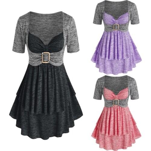 ROSEGAL Plus Size Colorblock Square Ring Sweetheart T Shirt Women Casual Layered Gothic T Shirts Fashion Long Top Tee Streetwear