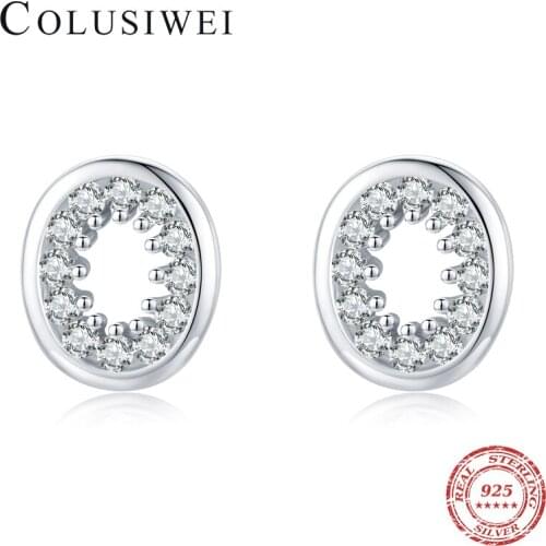 Colusiwei Classic 925 Sterling Silver Vintage Zirconia Hollow Out Geometric Oval Stud Earrings for Women Bride Wedding Jewelry