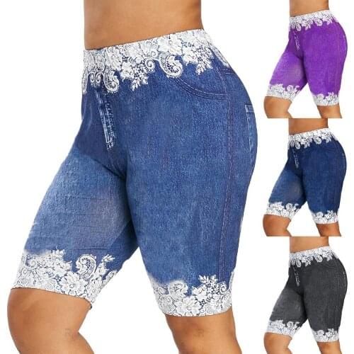 Women Fashion Lace Patchwork High Waist Leggings Classical Elastic Tight Denim Shorts Sports Knee-length Minipants