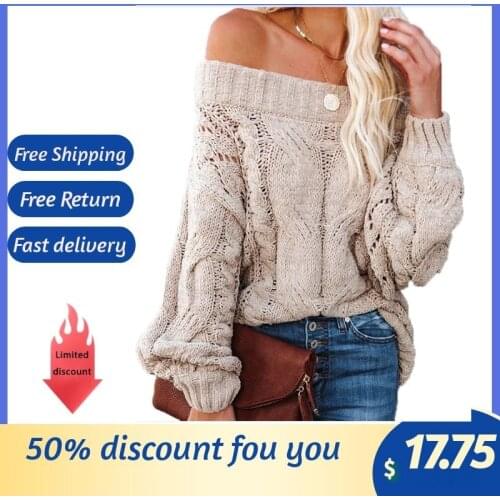 Hollow Out One-line Collar Pullover Sexy Solid Color Jumper Knitwear Vintage Boho 2021 Winter Sweater Women Clothing Pink Tops