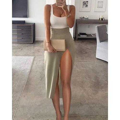 Two Pieces White Sleeveless Sexy Corset Tank Vest Top High Slit Bodycon Midi Skirt Set Summer Casual Womens Suits Holiday Wear