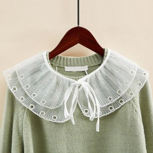 Korean Style Women Ribbon Bowknot False Fake Collar Double Layer Hollow Out Lapel Big Shawl Wrap Embroidery Trim Elegant Necklac
