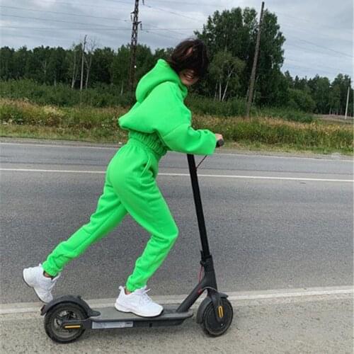 Two Piece Set Women Autumn Winter Neon Color Hoodie Fleece Sweatshirt Crop Top & Pants Tracksuit Sport Jogging Suit Set Clothes