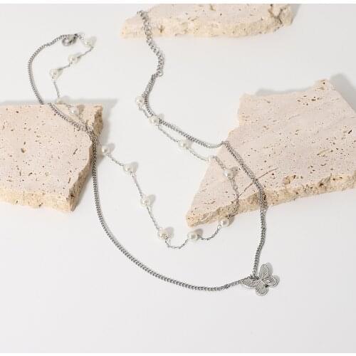 2021 New Arrival Stainless Steel Steel Double Layer Pearl Retro Relief Butterfly Pendant Necklace For Women