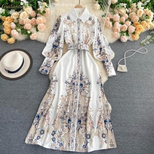 Guilantu 2021 New Autumn Floral Print Dresses Women Turn Down Collar With Belt Single Breasted High Waist A Line Shirt Dress