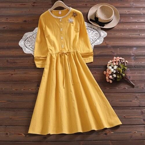 Mori Girl Women Yellow A-Line Dress O Neck Striped Floral Embroidery Sweet Dress Elegant Lace Up Cute Kawaii Spring Autumn Dress