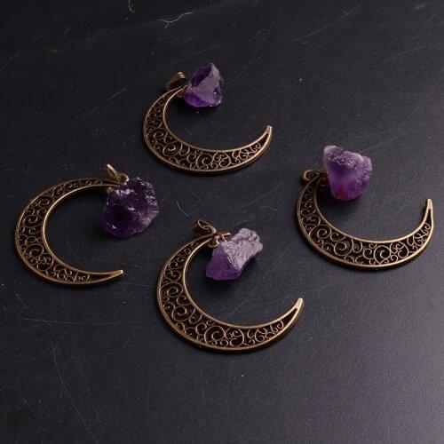 1PCS Reiki Healing Bronze Moon Alloy Necklace Amethysts Crystal Natural Stone Pendant Necklace Jewelry Making For Women Amulet