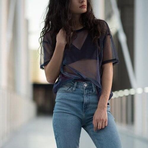 2018 Mesh Tee See-Through Women T-shirts Short Sleeve Perspective Shine Casual Women Tops Lady Vintage Blusa dropship