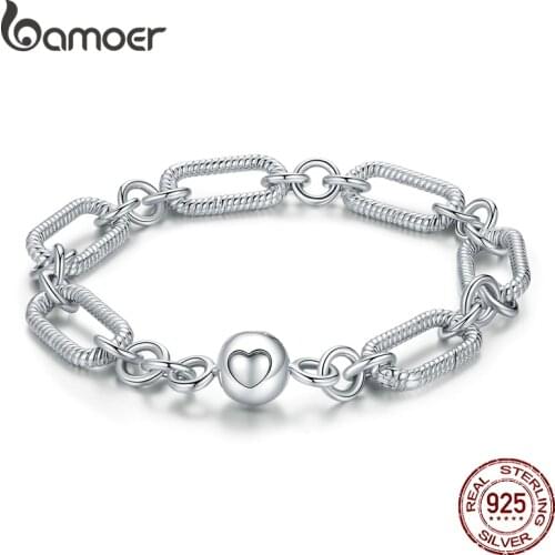 Bamoer Silver Paper Clip Bracelet 100% 925 Sterling Silver Love Chain bracelets for Women Engagement Jewelry Gift BSB059