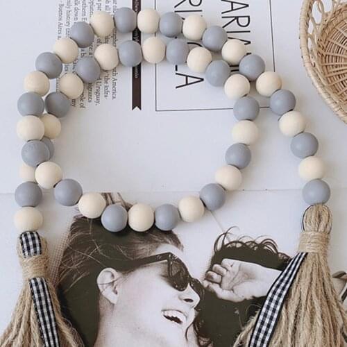 Wooden Beads Garland Long Lasting Vintage Classic Jute Rope Plaid Tassel Natural Wood Beads for Home