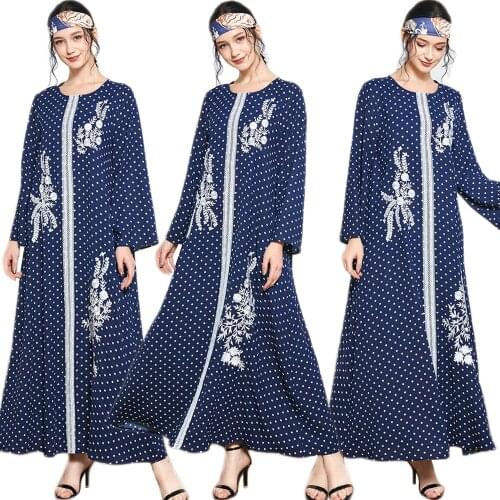 Embroidery Muslim Long Dress Abaya Arab Jilbab O-neck Long Sleeve Maxi Robe Islamic Ramadan Eid Turkish Middle East Plus Size