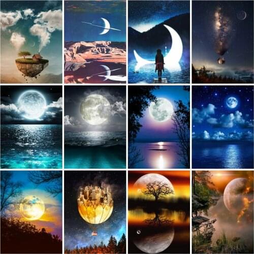 Huacan Diamond Painting Full Drill Moon Scenery Embroidery Cross Stitch Seaside Night Landscape Diamond Art