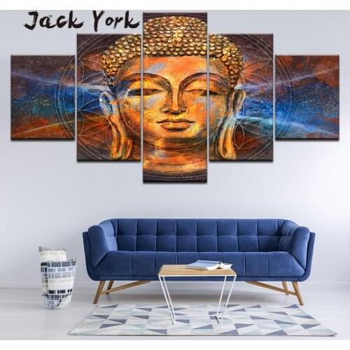 Canvas Painting golden Buddha with blue light 5 Pieces Wall Art Painting Modular Wallpapers Poster Print Home Decor