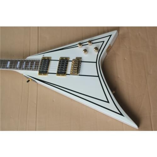 Classic custom shaped 6-string electric guitar, white body with black stripes, gold ammunition accessories, support to sample cu