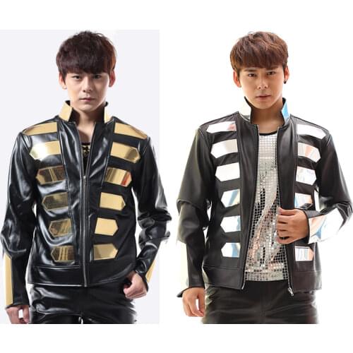 Fashion Cool Male Shiny Metal Leather Jacket costumes Nightbar singer DJ stage performance outwear