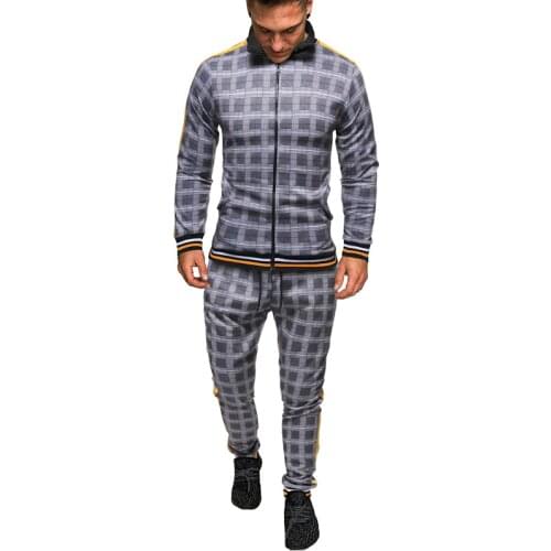 Obrix Male Sporty Set Slim Fit Full Sleeve Plaid Pattern Jacket Drawstring Side Stripes Pants Gentleman Set Comfy For Men
