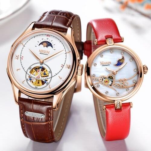 Nesun Couple Automatic Casual Wristwatches Tourbillon Skeleton Mechanical Movement Moon Phase Leather Lovers Wedding Gift Clock