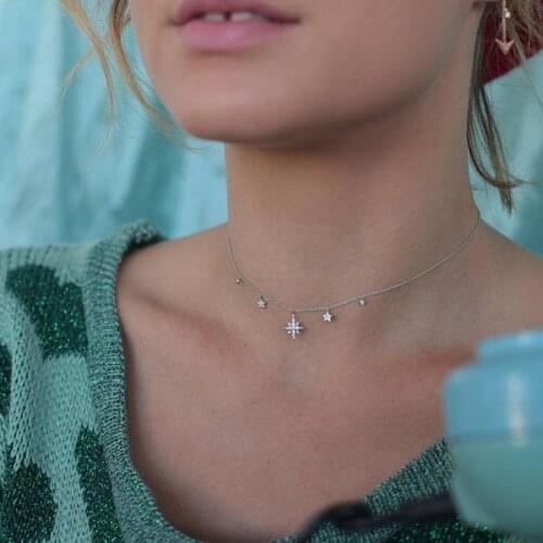 Delicate sunburst star charm necklace delicate 925 sterling silver thin choker chain christmas gift star pendant elegance style