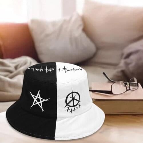 M2EA Men Women Black White Color Block Hip Hop Bucket Hat Harajuku Graffiti Star Printed Outdoor Foldable Summer Cotton Panama