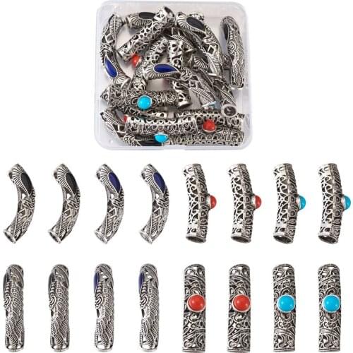 Tibetan Style Hollow Alloy Hollow Tube Beads, with Enamel & Resin, Antique Silver, Mixed Color