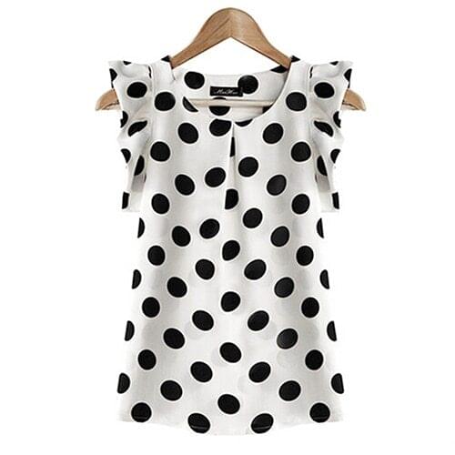 Hot Women Summer Casual Polka Dot Round Neck Short Sleeve Shirt Top Chiffon Blouse Women блузка женская