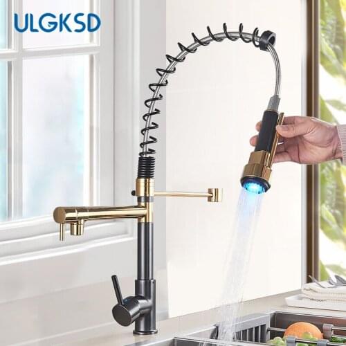 LED Spring Pull Down Kitchen Sink Faucet Golden Sink Faucets Dual Swivel Spout 360 Rotation Mixer Tap Torneira Para Cozinha
