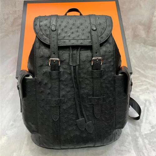 Authentic Real True Ostrich Skin Men Large Casual Black Drawstring Backpack Genuine Exotic Leather Male Leisure Travel Bag Pack