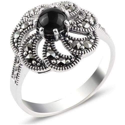 Silver 925 Sterling Onyx & Marcasite Ring