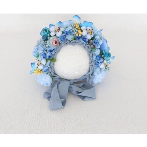 Blue Floral Bonnet Cute Baby Girl Flower Hat Newborn Photo Props Baby Boy Girl Bonnet Floral Newborn Birth Hat Photography Props