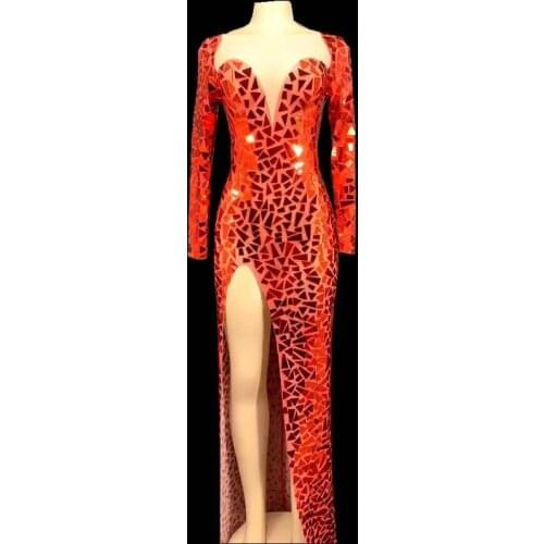 Sparkly Mirrors Mesh Transparent Long Dress Birthday Celebrate Outfit Prom Evening Event Party Dress Bar Women Stage Dress