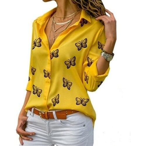 Spring Autumn Women Shirts Long Sleeve Chiffon Butterfly Print Shirts Casual Turn-down Collar Single Breasted Button Up Tops