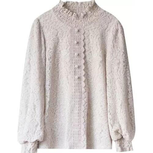 Womens Spring Autumn Style Lace Blouses Shirts Womens Button Long Sleeve Turtleneck Casual Lace Tops SP578