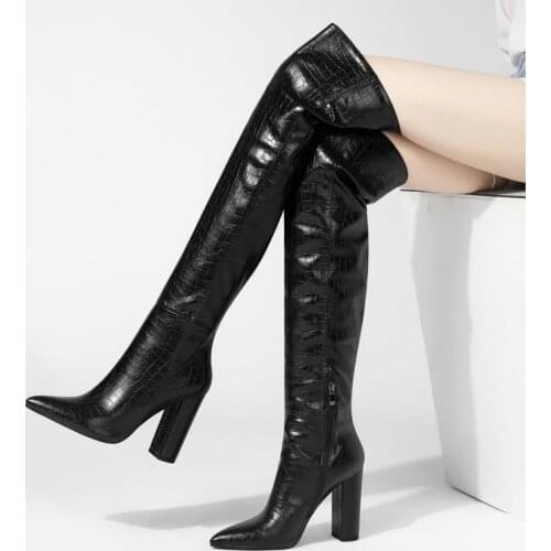 Ladies Fashion Stone Pattern Thigh Boots Autumn Winter New Style Thick Heel Pointed Toe Boots Female Zipper Loose Womens Shoes